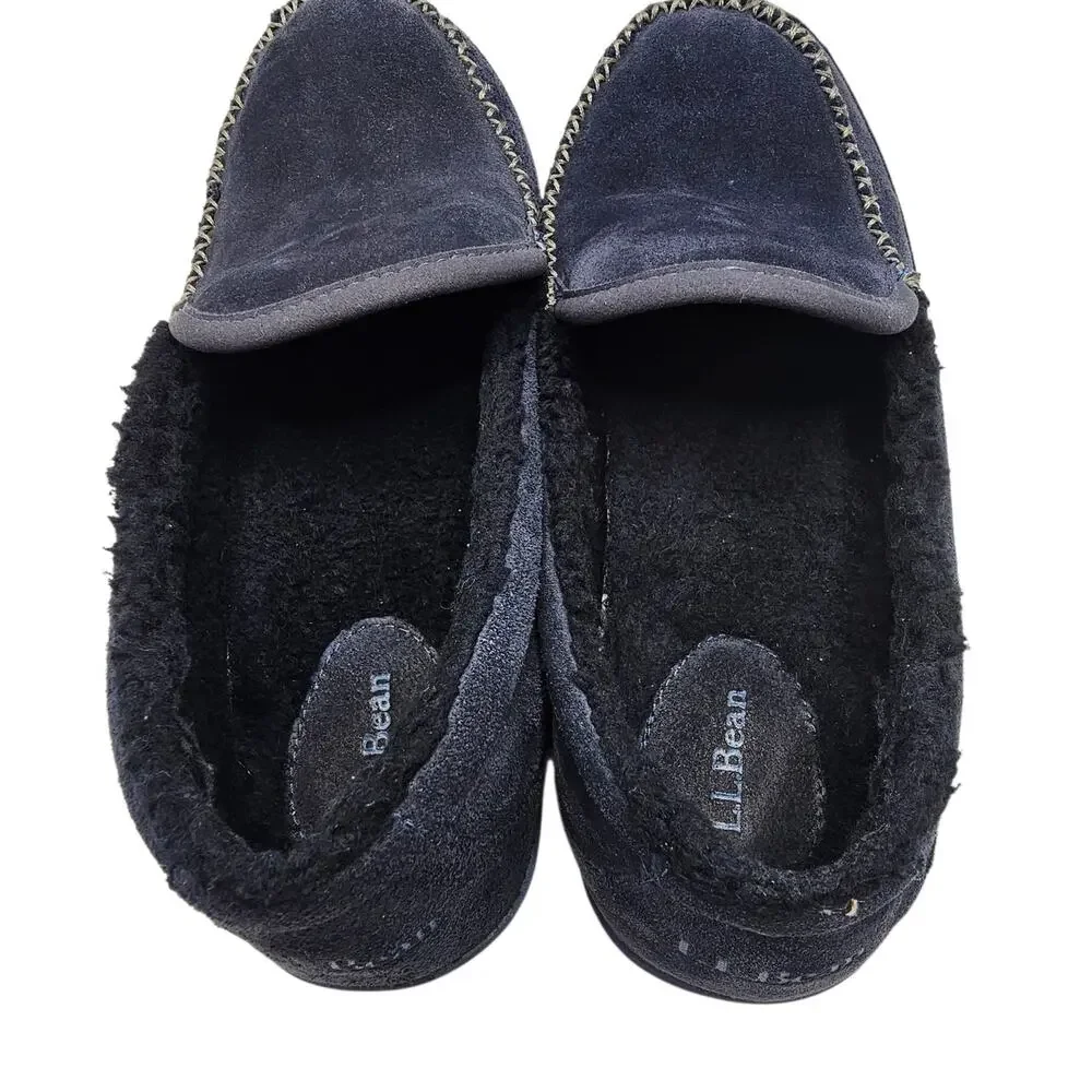 LL Bean Men's Mountain Slippers Carbon Navy Suede Fleece-Lined Size 10